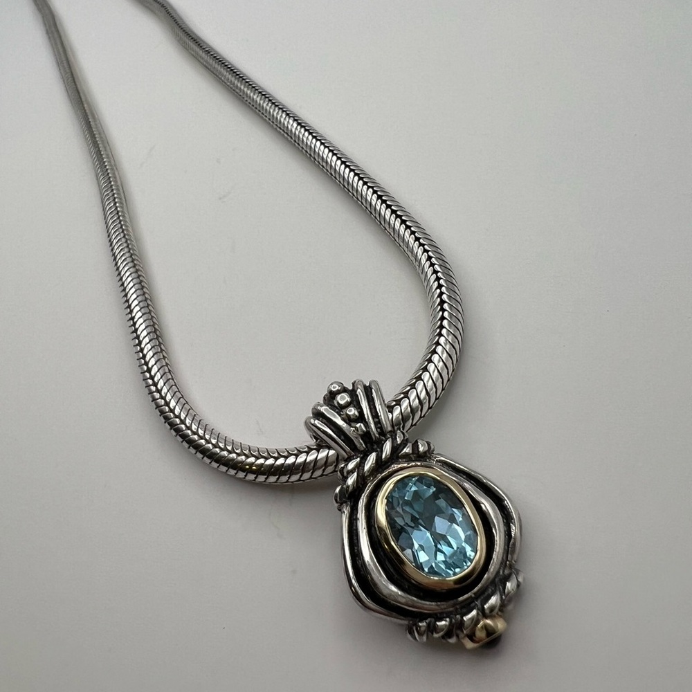 16” Vintage Sterling Silver Chunky Necklace with Blue Gemstone Pendant - Picture 1 of 14
